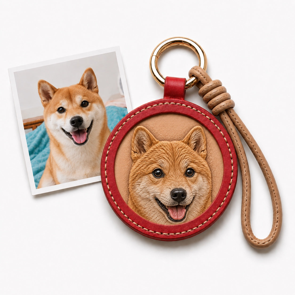 Custom Leather Pet Portrait Keychain – Handmade Embossed Pet Memorial Keyring