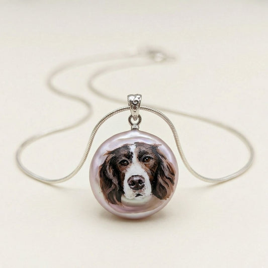 Hand-Painted Custom Pet Portrait Necklace – Natural Pearl Sterling Silver Pendant
