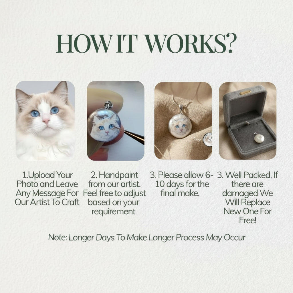 Hand-Painted Custom Pet Portrait Necklace – Natural Pearl Sterling Silver Pendant