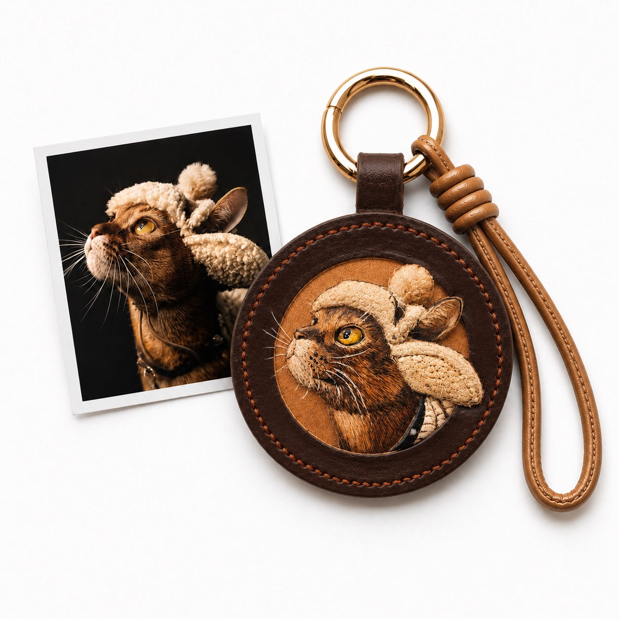 Custom Leather Pet Portrait Keychain – Handmade Embossed Pet Memorial Keyring